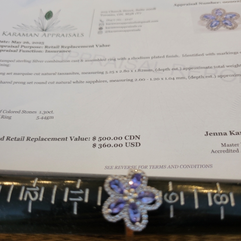 Tanzanite & Sapphire 5 Prong Set Marquise Cut Natural Tansanites SS Appraisal - Picture 7 of 7